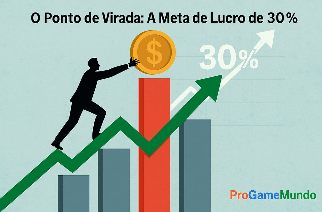 Homem empurrando moeda dourada sobre gráfico com meta de 30% de lucro.