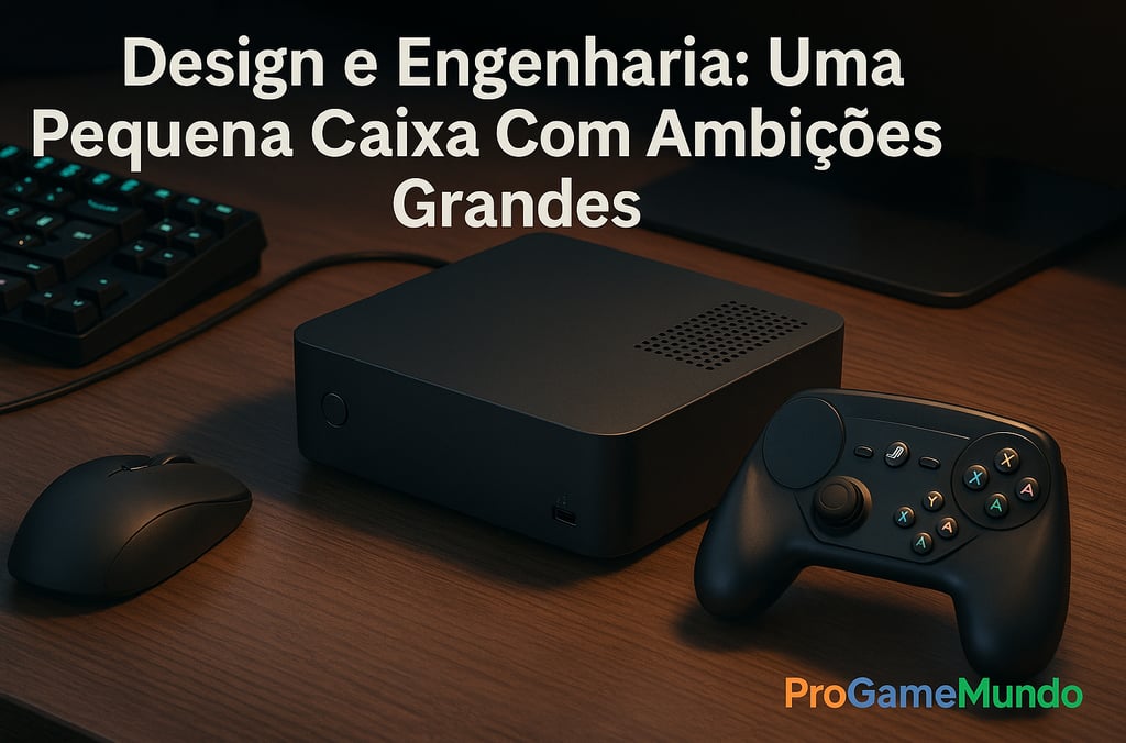 Steam Machine 2026 com periféricos em mesa, destacando design compacto.