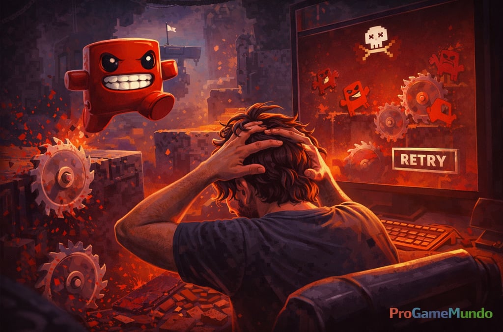 Jogador frustrado diante de desafios de precisão extrema em um jogo de plataforma difícil
