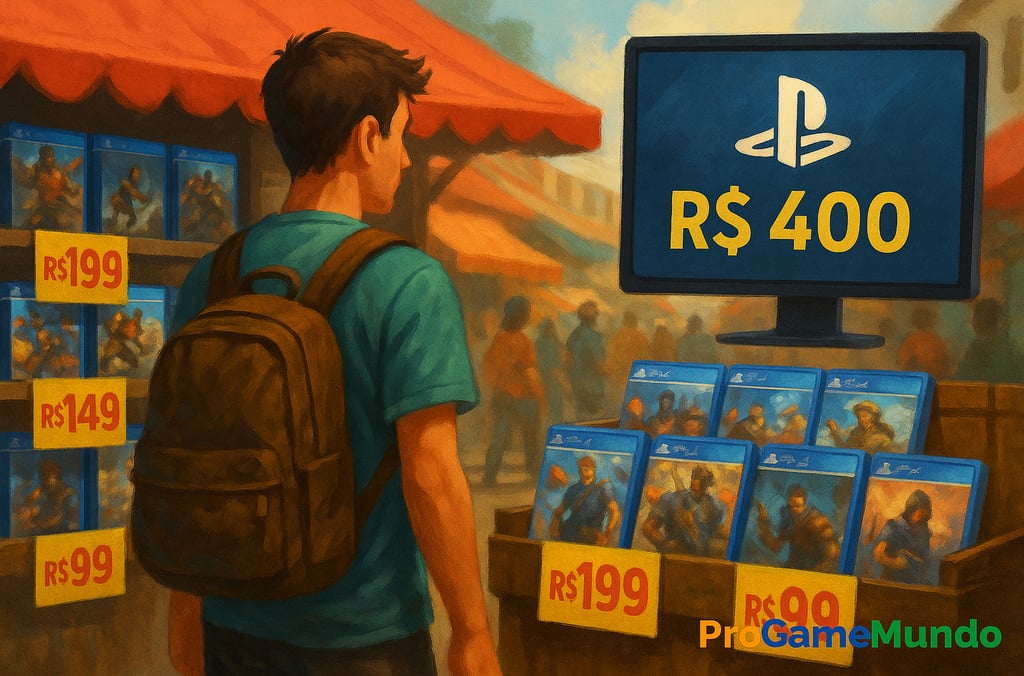 Jogador em feira vendo jogos físicos baratos versus preço alto na PSN.