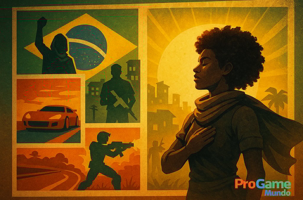 Mural estilizado celebra os principais jogos brasileiros com símbolos e luz dourada sobre a bandeira