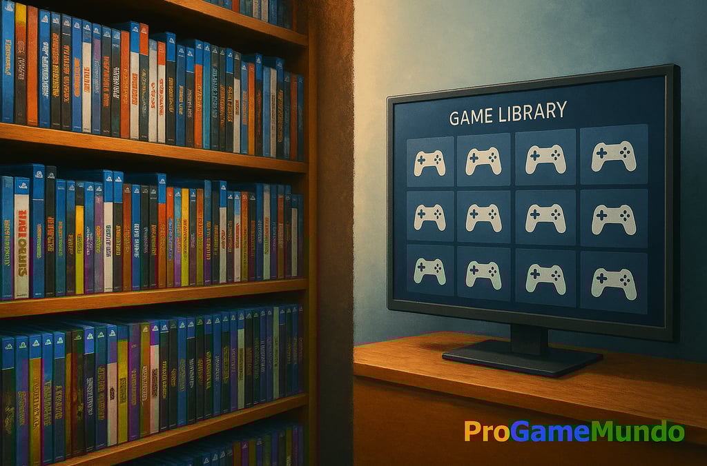 Estantes de jogos físicos comparadas com biblioteca digital fria em tela.