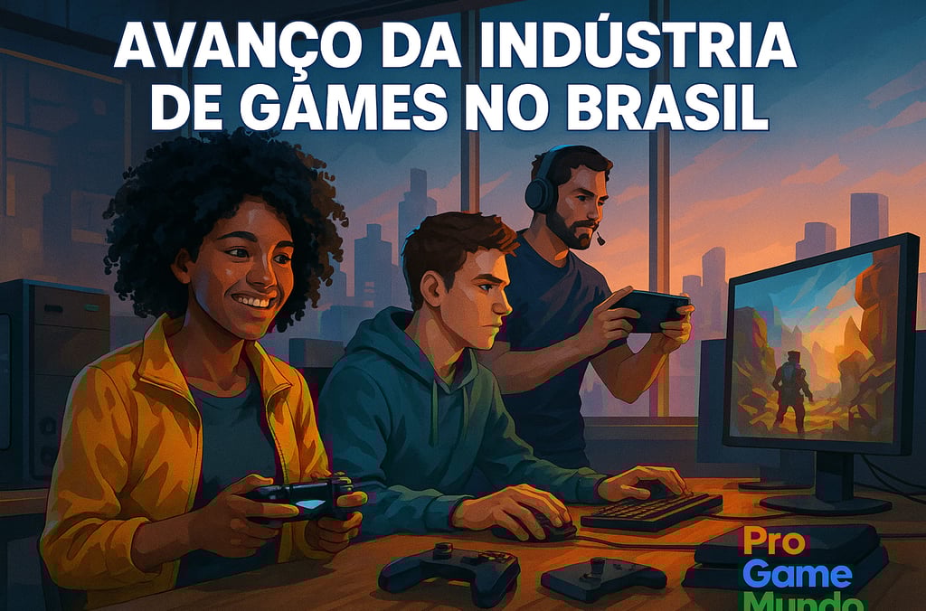 Desenvolvedores brasileiros em estúdio moderno com telas de games