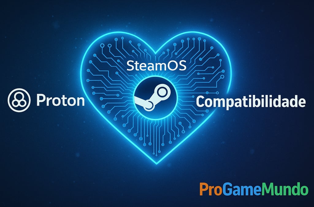Coração de circuitos com SteamOS, Proton e Compatibilidade em destaque.