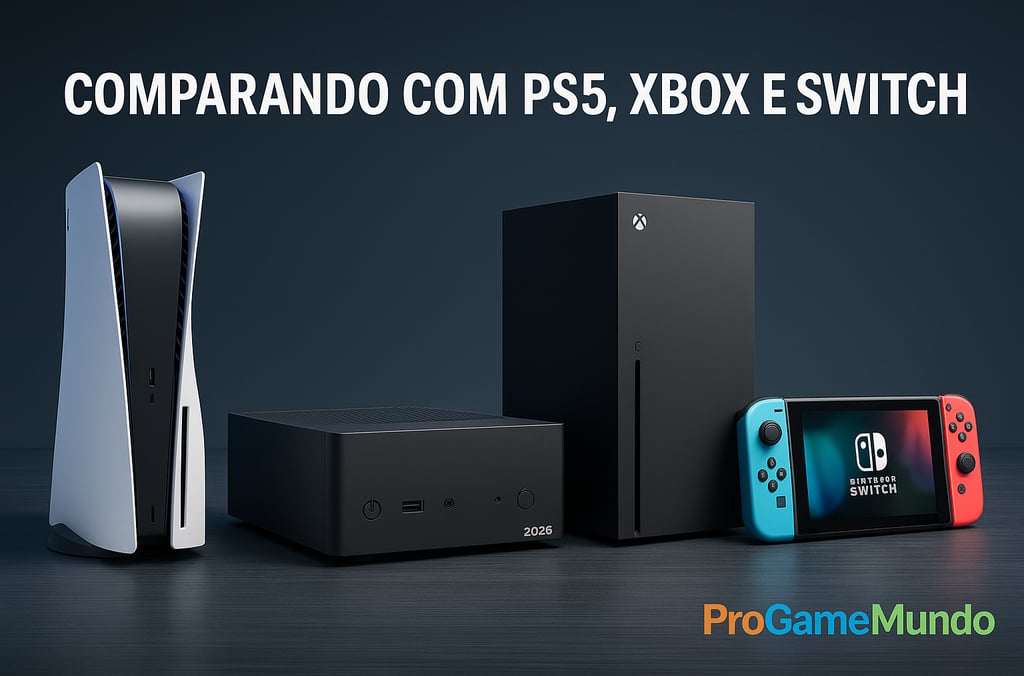 PS5, Steam Machine, Xbox Series X e Switch alinhados para comparação visual.