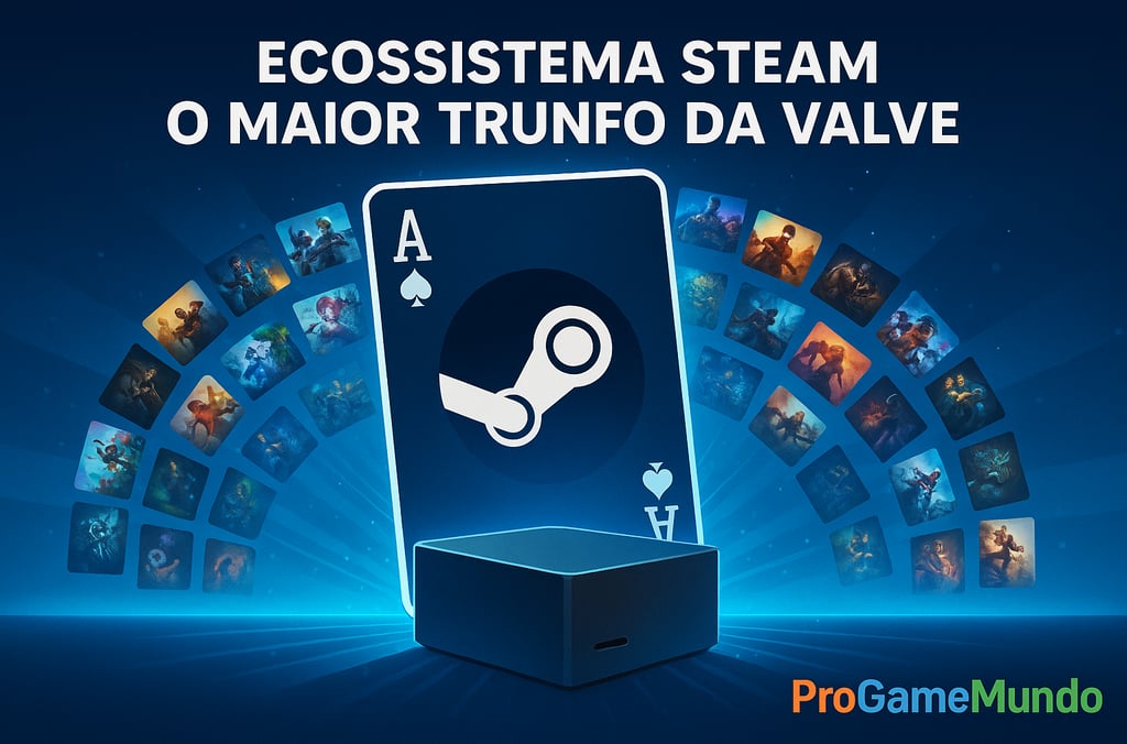 Carta ‘ás’ da Steam cercada por jogos, simbolizando o ecossistema como maior trunfo da Valve.