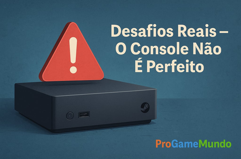 Steam Machine com ícone de alerta vermelho simbolizando desafios do console.