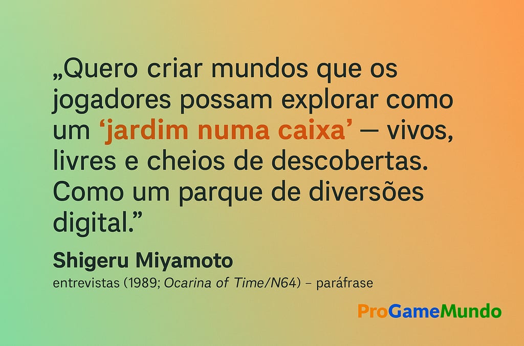 Box-quote 16:9 com frase de Miyamoto (paráfrase) sobre Hakoniwa e parque de diversões
