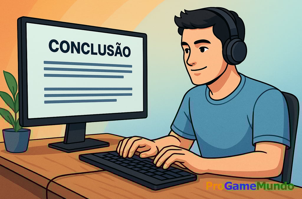 Gamer digitando diante de tela com título “Conclusão” em destaque.