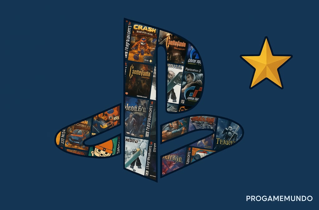 Mosaico de capas de jogos antigos formando o logotipo do PlayStation.