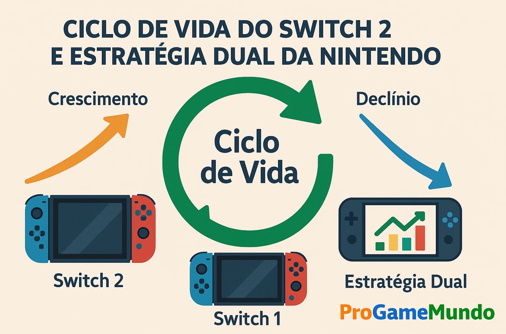 Infográfico mostrando o ciclo de vida paralelo entre Switch 1 e Switch 2.