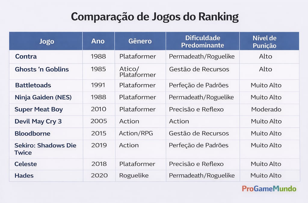 Tabela comparando jogos difíceis por ano, gênero, tipo de dificuldade e nível de punição