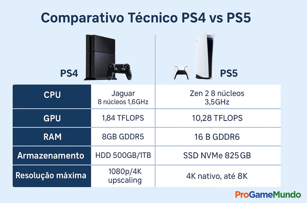 Infográfico comparando PS4 e PS5, mostrando CPU, GPU, RAM, armazenamento e resolução máxima