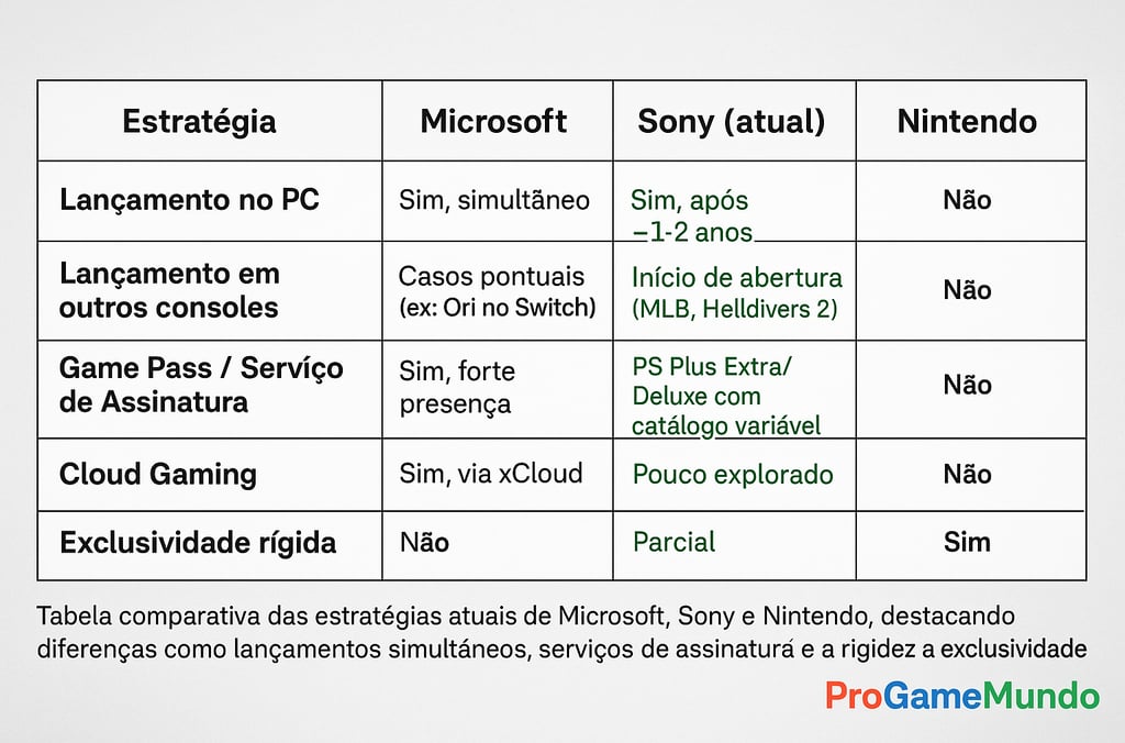 Tabela comparando estratégia atual de Microsoft, Sony e Nintendo no mercado de jogos.