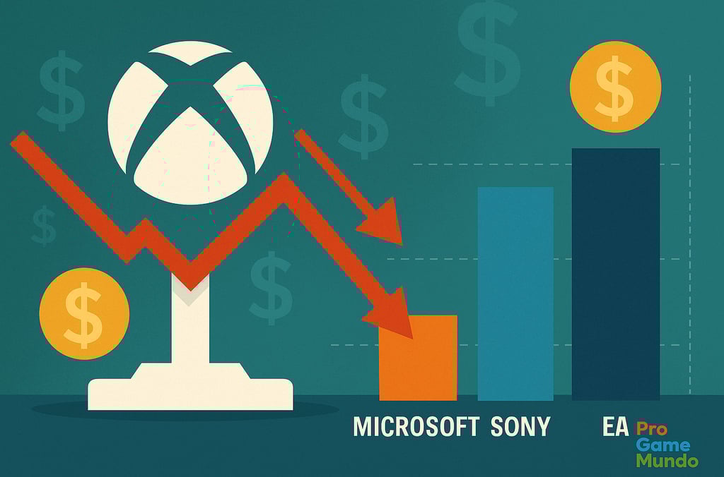 Gráfico de barras comparando desempenho financeiro de Microsoft, Sony e EA, com símbolo do Xbox 