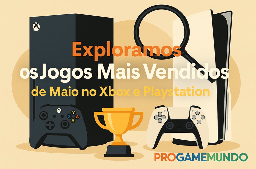 Consoles Xbox e PlayStation com lupa, troféu e título do artigo.