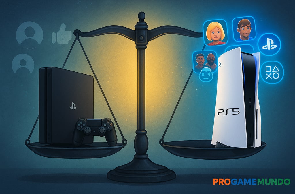 Balança comparando PS4 e PS5 com ícones da PSN e avatares.