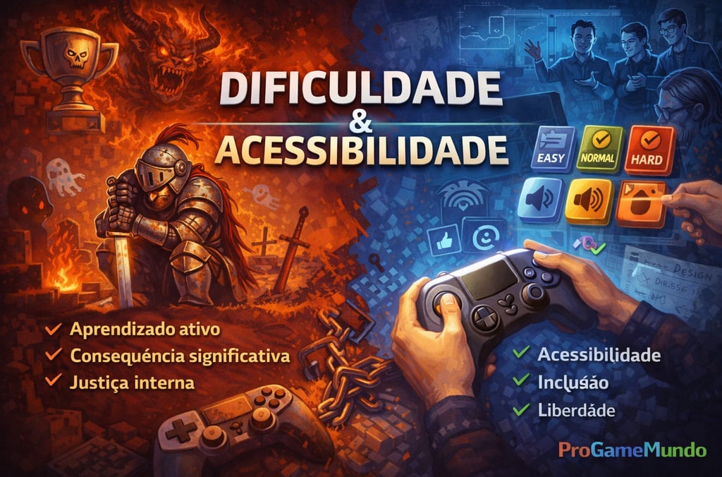 Ilustração comparando desafio extremo e acessibilidade no design de jogos modernos