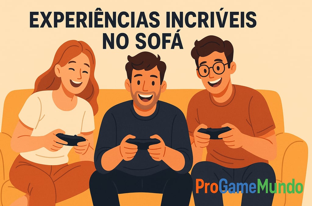 Três amigos jogando juntos no sofá em uma sessão coop.