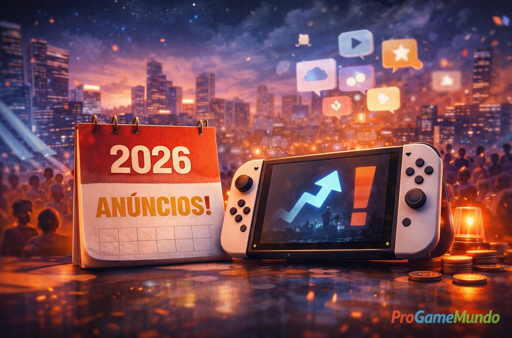 Console portátil com seta de alta e calendário 2026, ícones de redes ao fundo