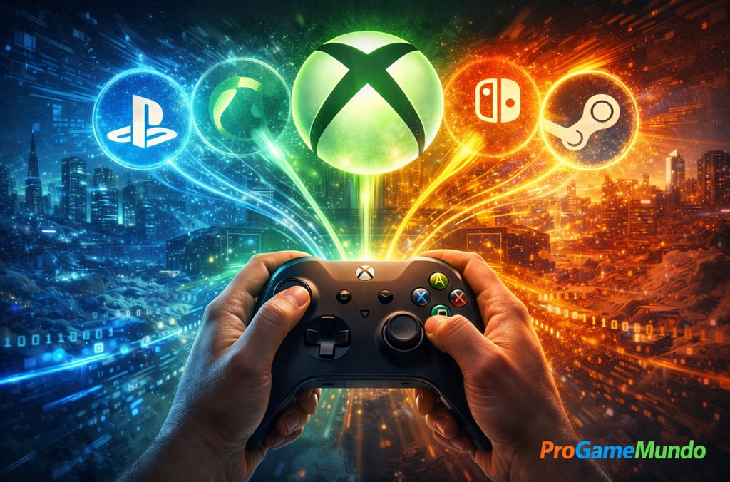 Controle Xbox com fluxos visuais conectando plataformas e serviços digitais do ecossistema Xbox