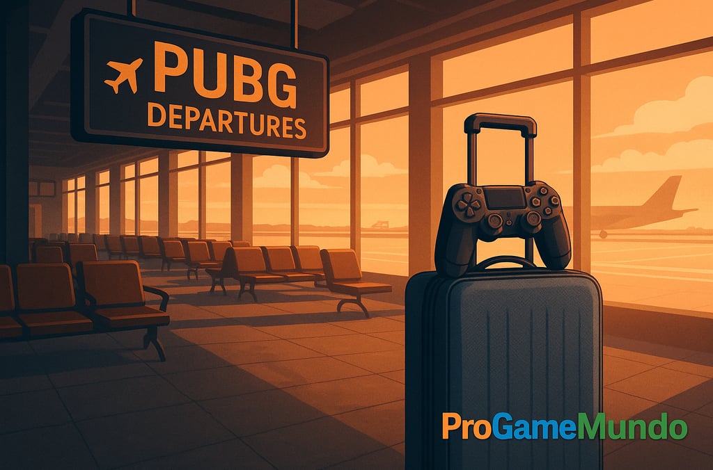 Controle de PS4 sobre uma mala em um aeroporto com placa “PUBG Departures”.