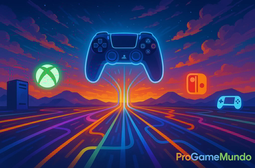 Controlador PlayStation conectado a diversas plataformas através de estradas luminosas.