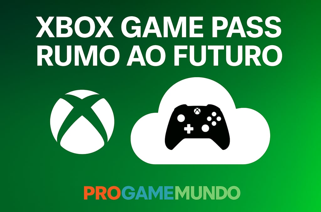 Jogador com controle do Xbox diante de um portal digital com nuvens e ícones de dispositivos.