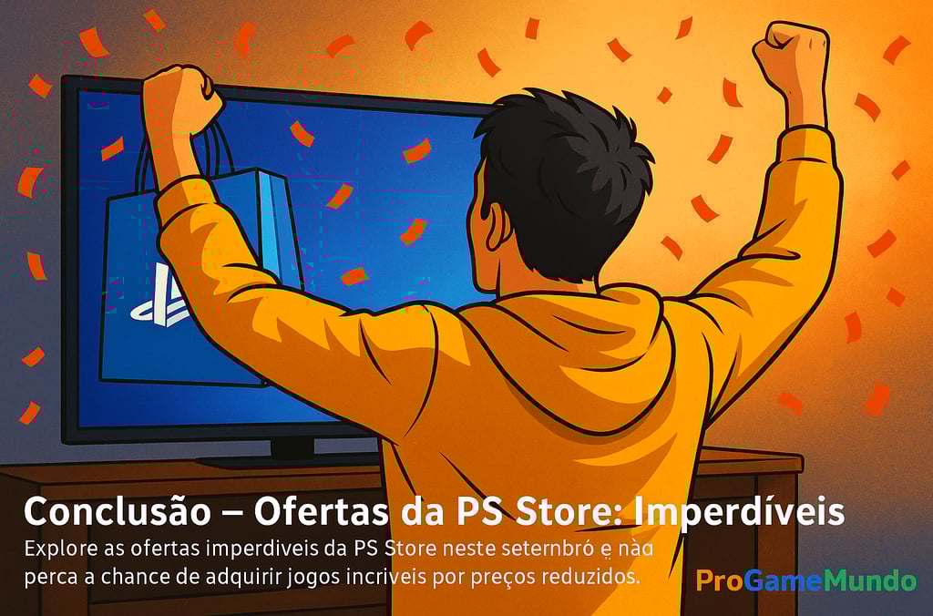 Jogador comemorando compras concluídas na PS Store com até 90% de desconto.