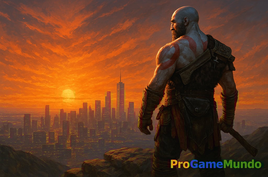 Kratos observando uma cidade futurista ao pôr do sol, representando o futuro da PlayStation.