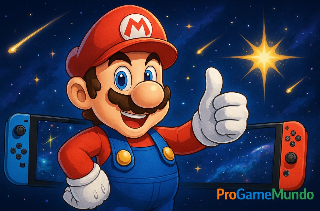 Mario sorridente dando joinha diante de fundo estelar com brilho cósmico em 4K.