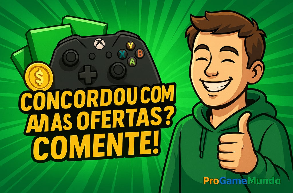 Jovem feliz com controle de Xbox e texto pedindo comentário sobre as ofertas.