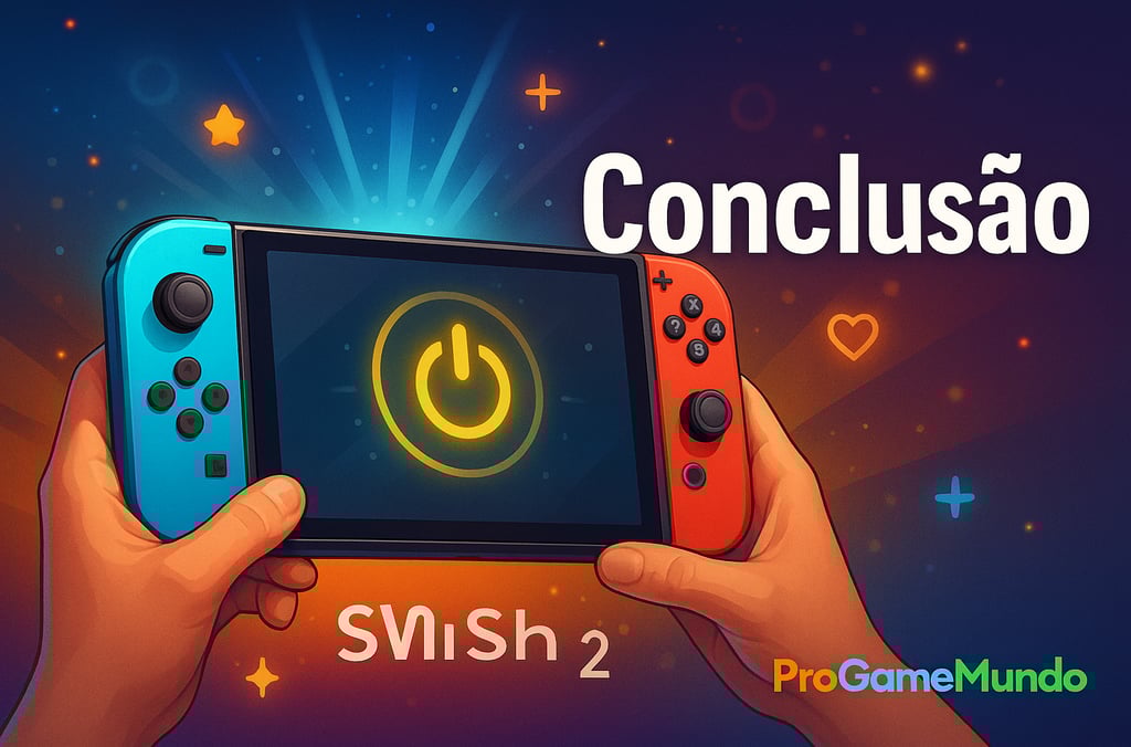 Mãos segurando o Switch 2 com luz de energia ao centro e fundo colorido simbolizando conclusão e ino