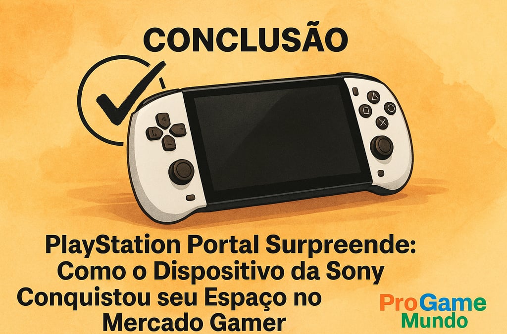 Imagem horizontal com o PlayStation Portal sobre fundo alaranjado e símbolo de check