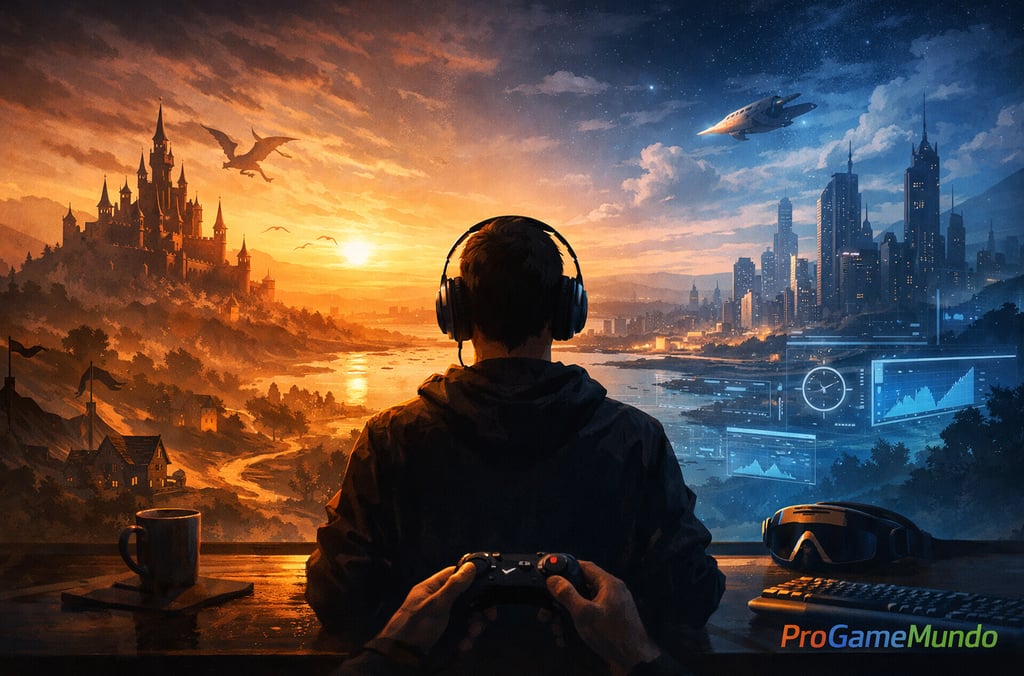 Jogador entre mundos fantástico e futurista com interface simbólica ao fundo.