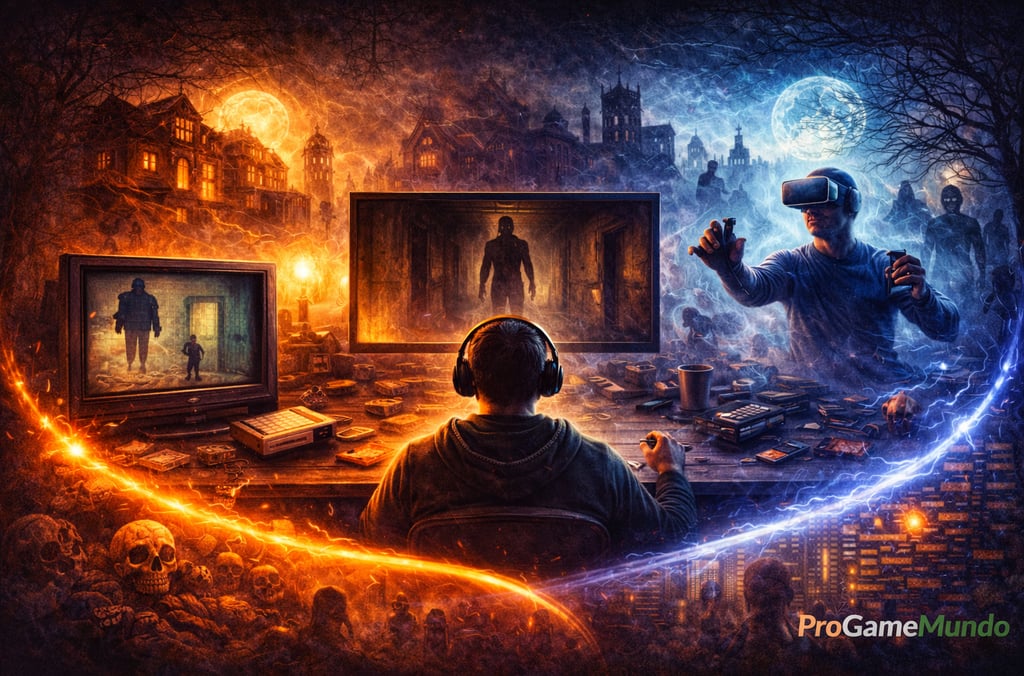 Ilustração conceitual mostrando a evolução dos games de terror e seu impacto cultural