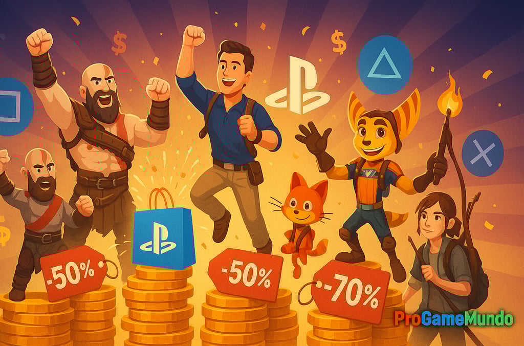 Personagens da PlayStation comemoram em meio a moedas e etiquetas de desconto da PS Store.