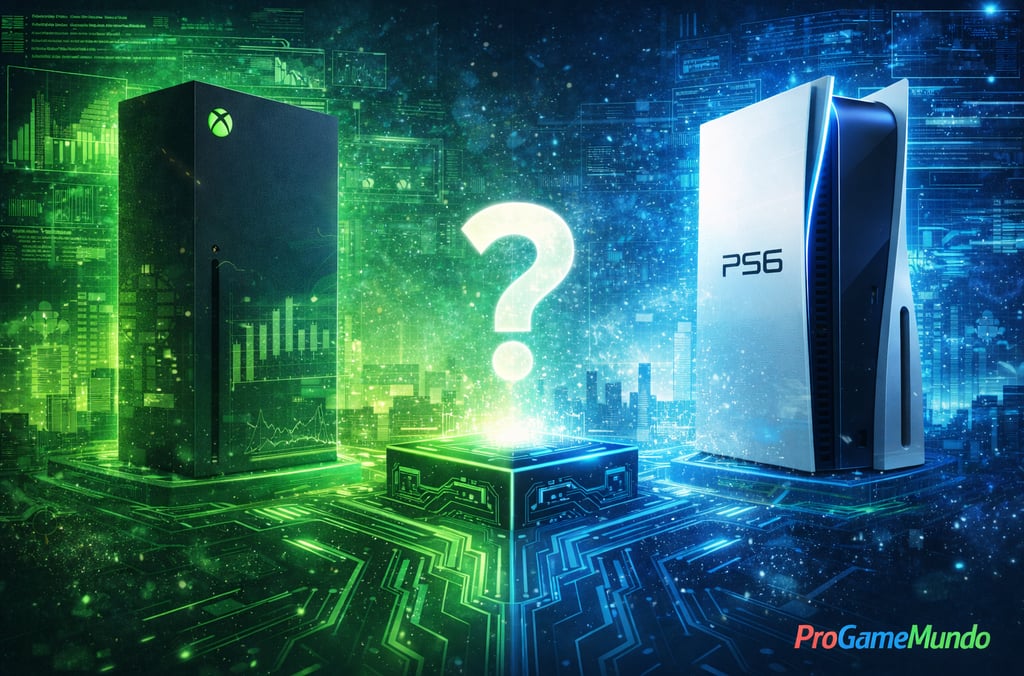 Dois consoles futuristas cercam um ponto de interrogação em cenário tecnológico.