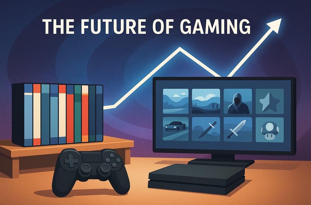 Contrastando jogos físicos e biblioteca digital com gráfico de crescimento e título “The Future of G
