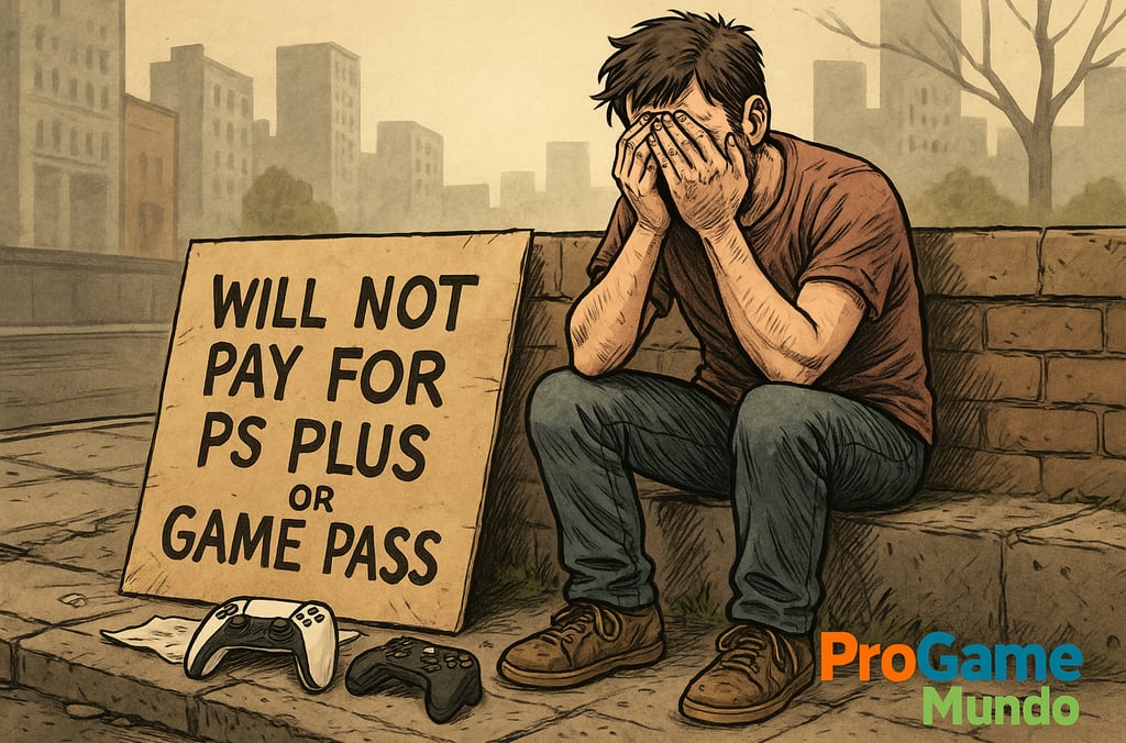 Gamer frustrado protesta contra os altos preços da PS Plus e Game Pass.