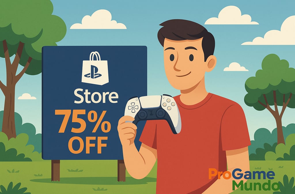 Jogador sorrindo com controle PS5 diante de placa da PS Store com 75% OFF.