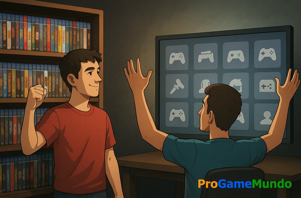 Gamers unidos com braços erguidos, segurando jogos e controles diante da sombra do logo PlayStation.