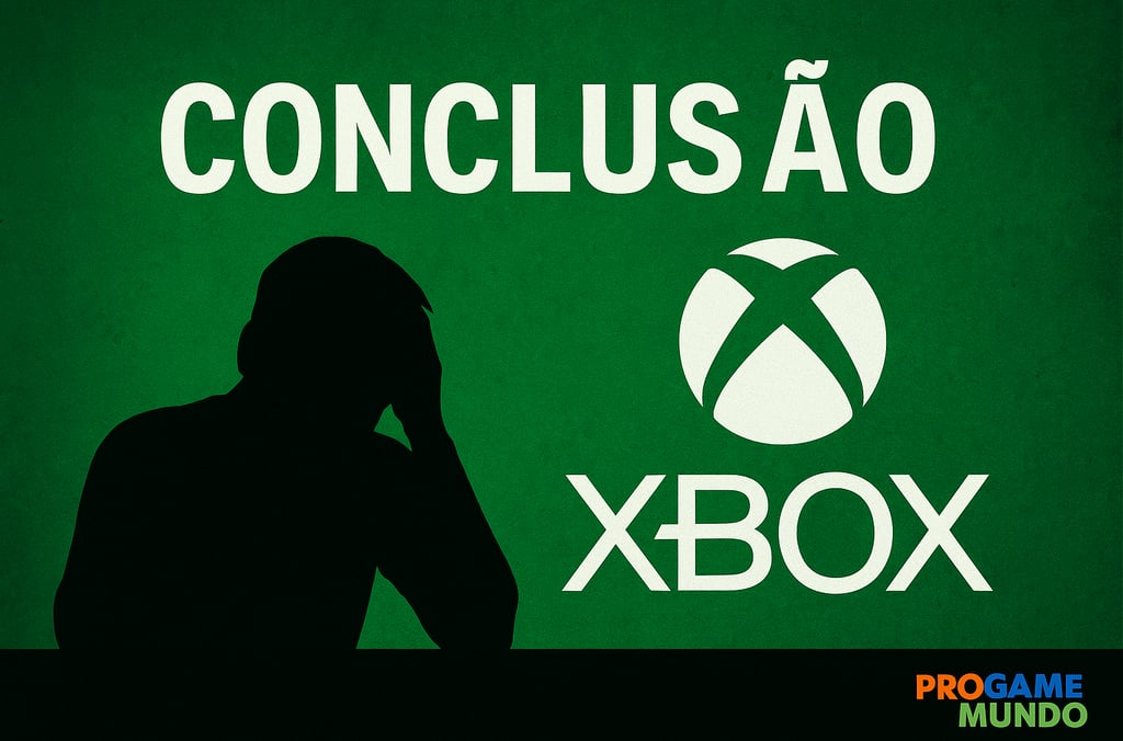 Silhueta pensativa ao lado do logotipo do Xbox com o título ‘Conclusão’ em branco sobre fundo verde.