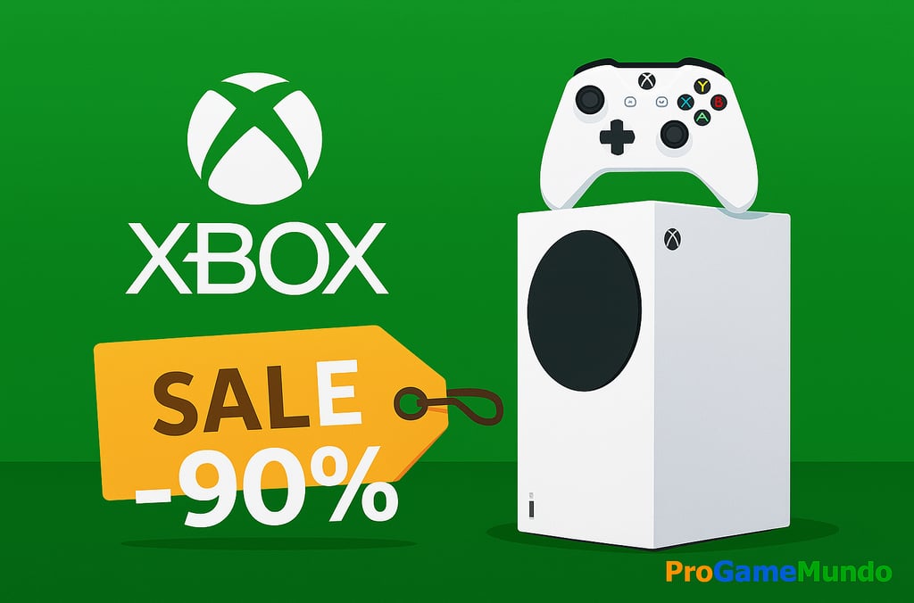 Console Xbox Series S com controle e etiqueta de desconto de 90%.