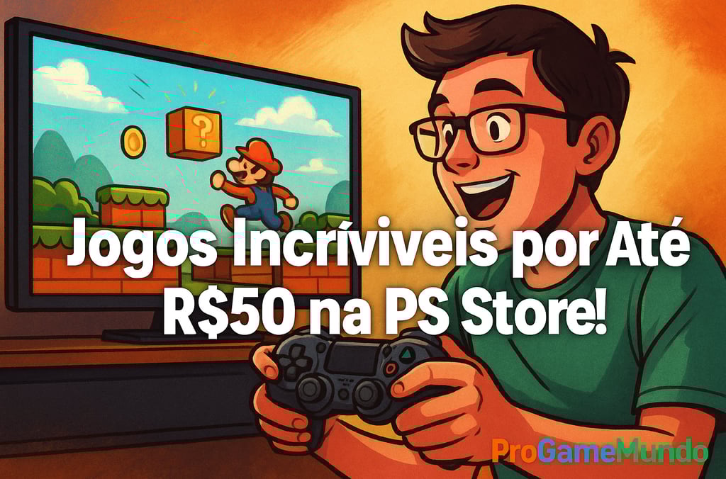 Jogador feliz aproveita jogos baratos da PS Store em estilo cartoon.