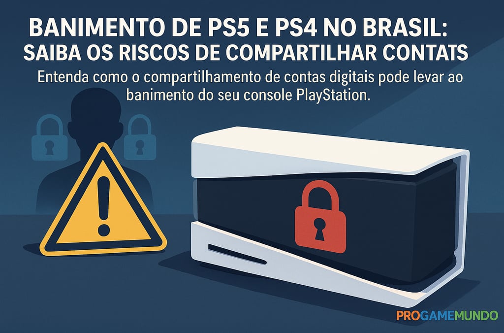 PS5 bloqueado com cadeado vermelho e ícone de alerta amarelo simbolizando banimento