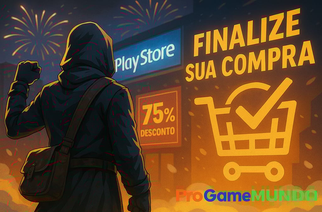 Figura encapuzada diante de letreiro “Finalize sua compra” com 75% de desconto.
