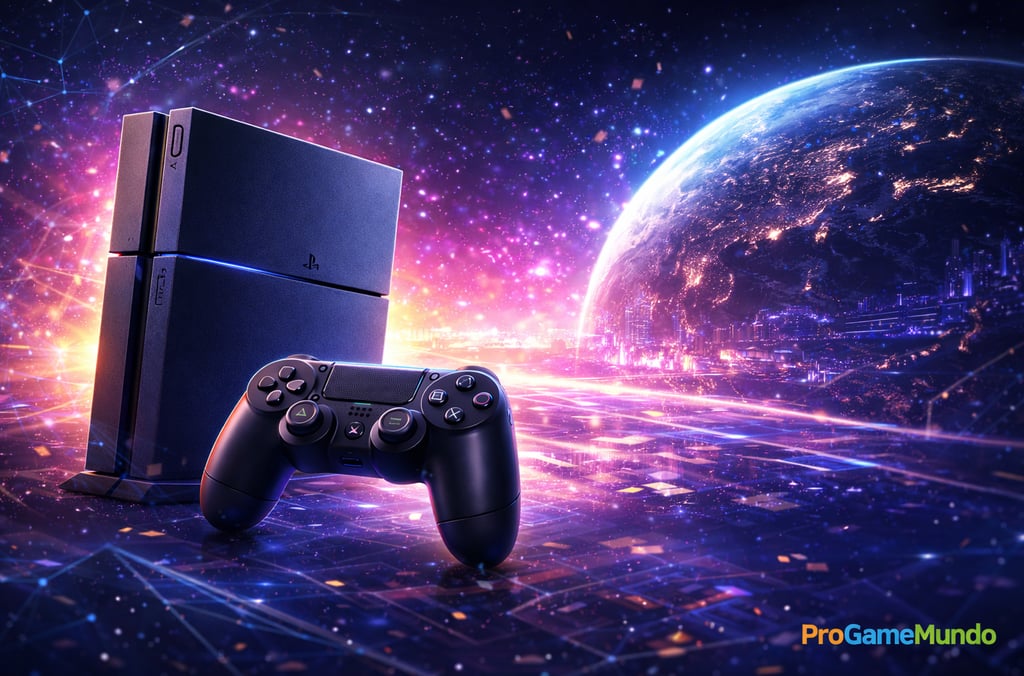 Console e controle com planeta ao fundo simbolizando legado global do PS4