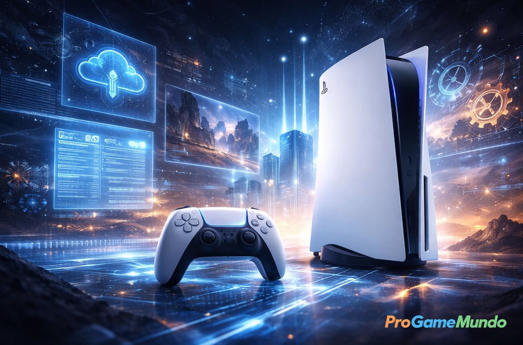 Console futurista simboliza armazenamento inteligente e IA no PlayStation.
