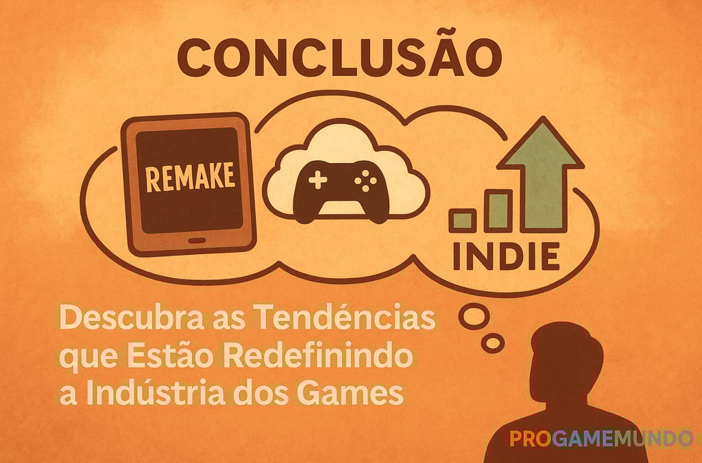 Ícones de remake, nuvem e indie em balão de pensamento sobre tendências gamer.